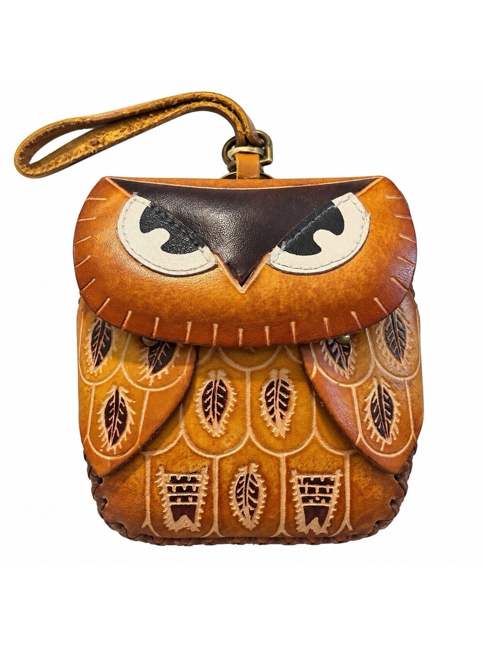 Handmade Tooled Leather Owl Coin Purse Wristlet Keychain Brown Boho